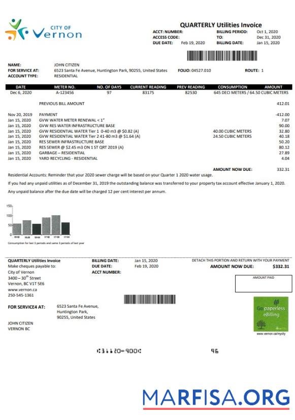 Printable USA Canada City of Vernon water utility bill template in Word and PDF format